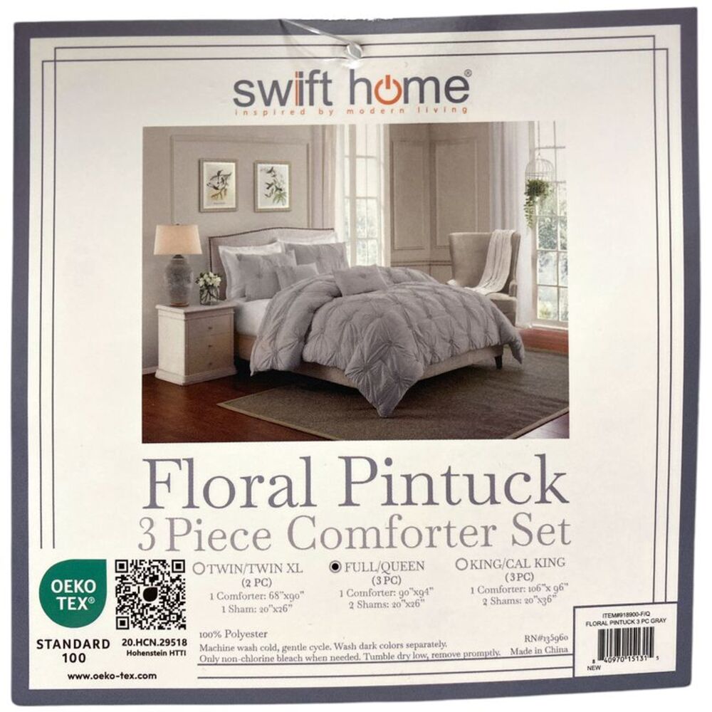 Swift Home Ultra Plush Floral Pintuck Comforter Set, 3pc, Full/Queen - Gray